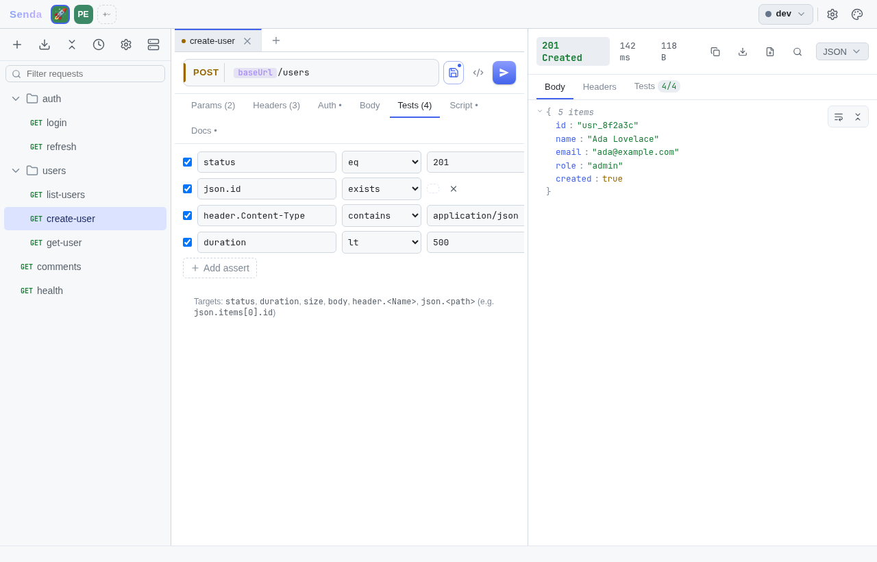 Assertion editor with pass/fail rows