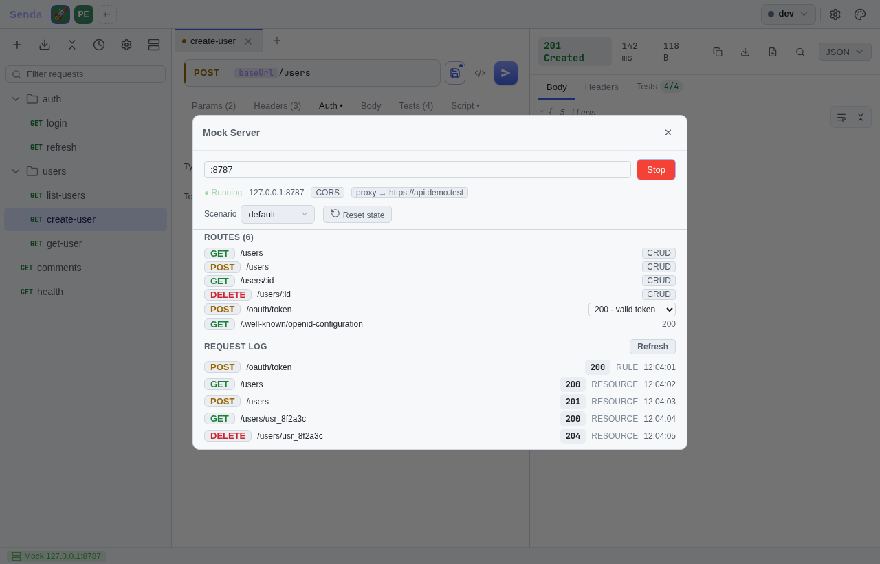 Mock server with live routes and request log