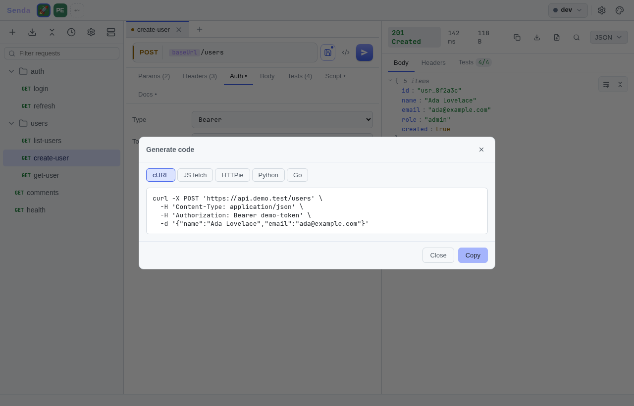 Code generation to curl, fetch, python, go