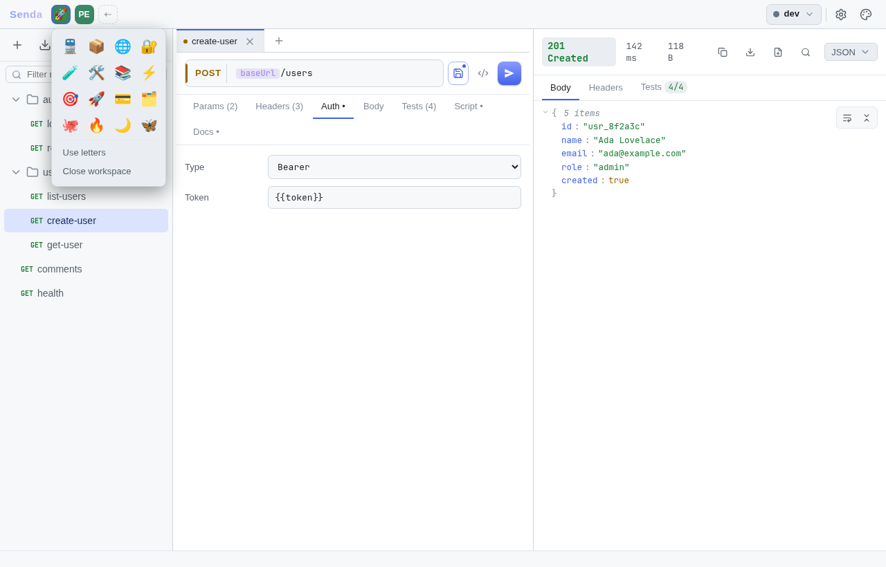 Workspace rail switching collections, with an emoji icon picker