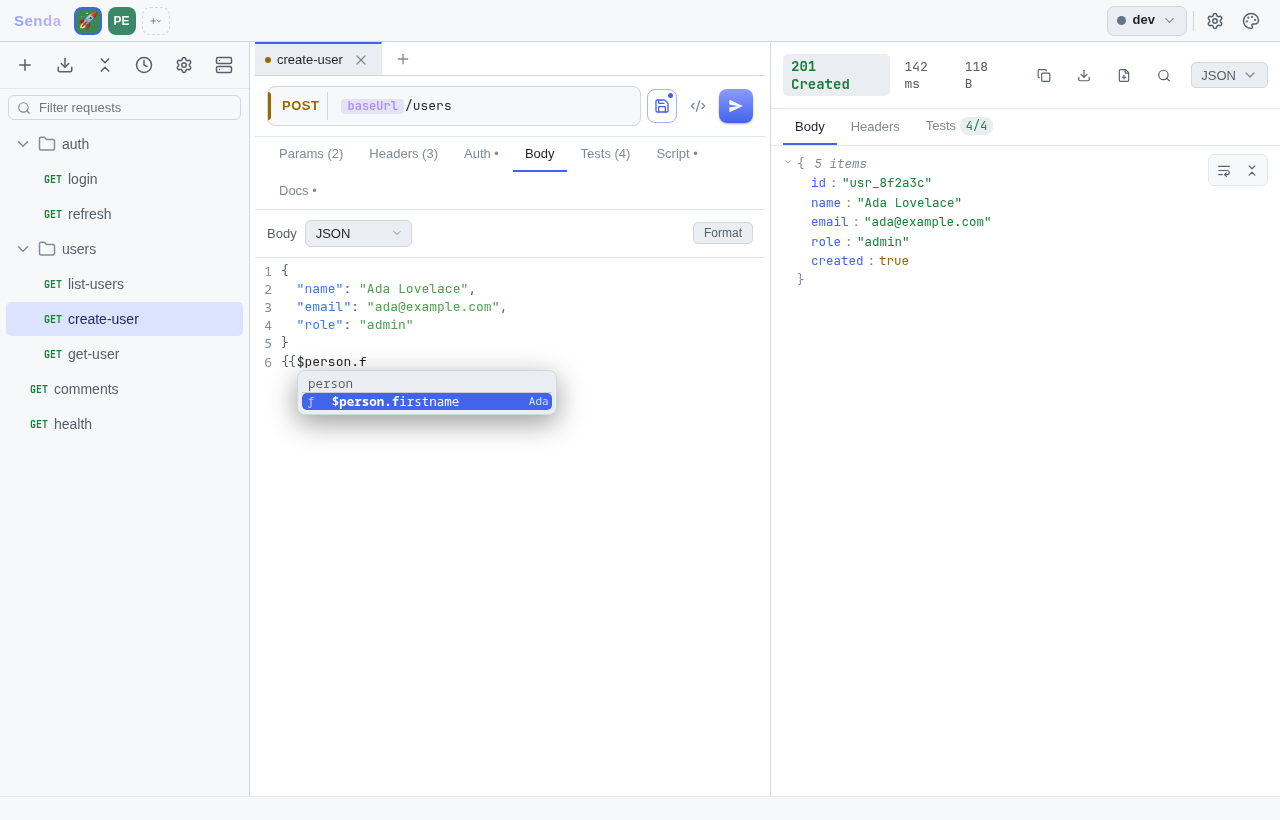 Faker token autocomplete in the JSON body editor