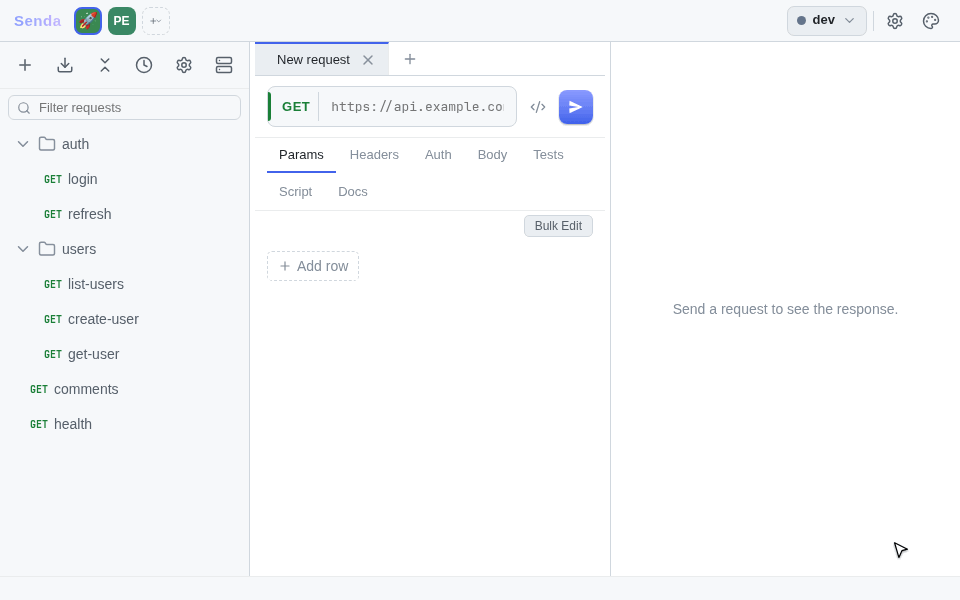 Senda walkthrough: open a collection, send a request, inspect the response, run tests, switch theme